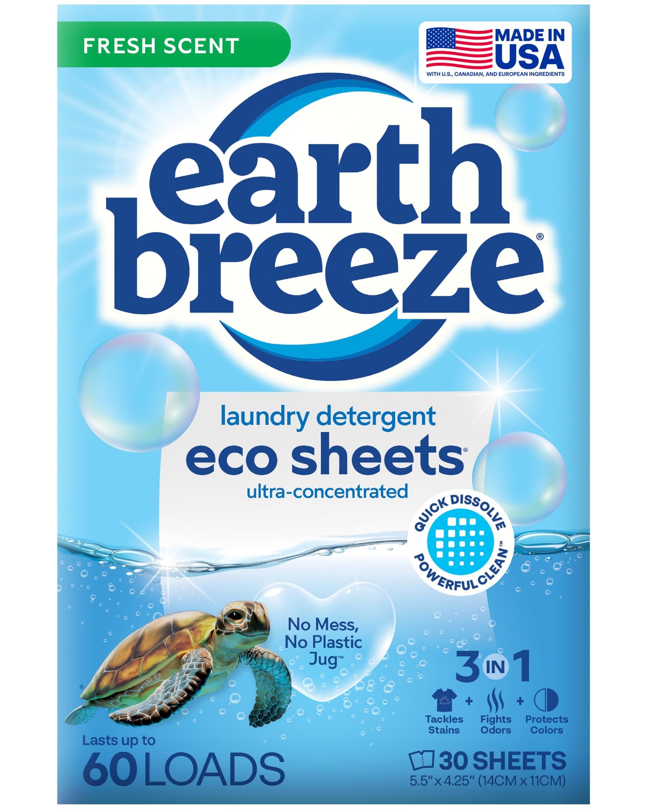 Earth Breeze Laundry Detergent Sheets Fresh 60 Loads/30 Count (Pack of 1)