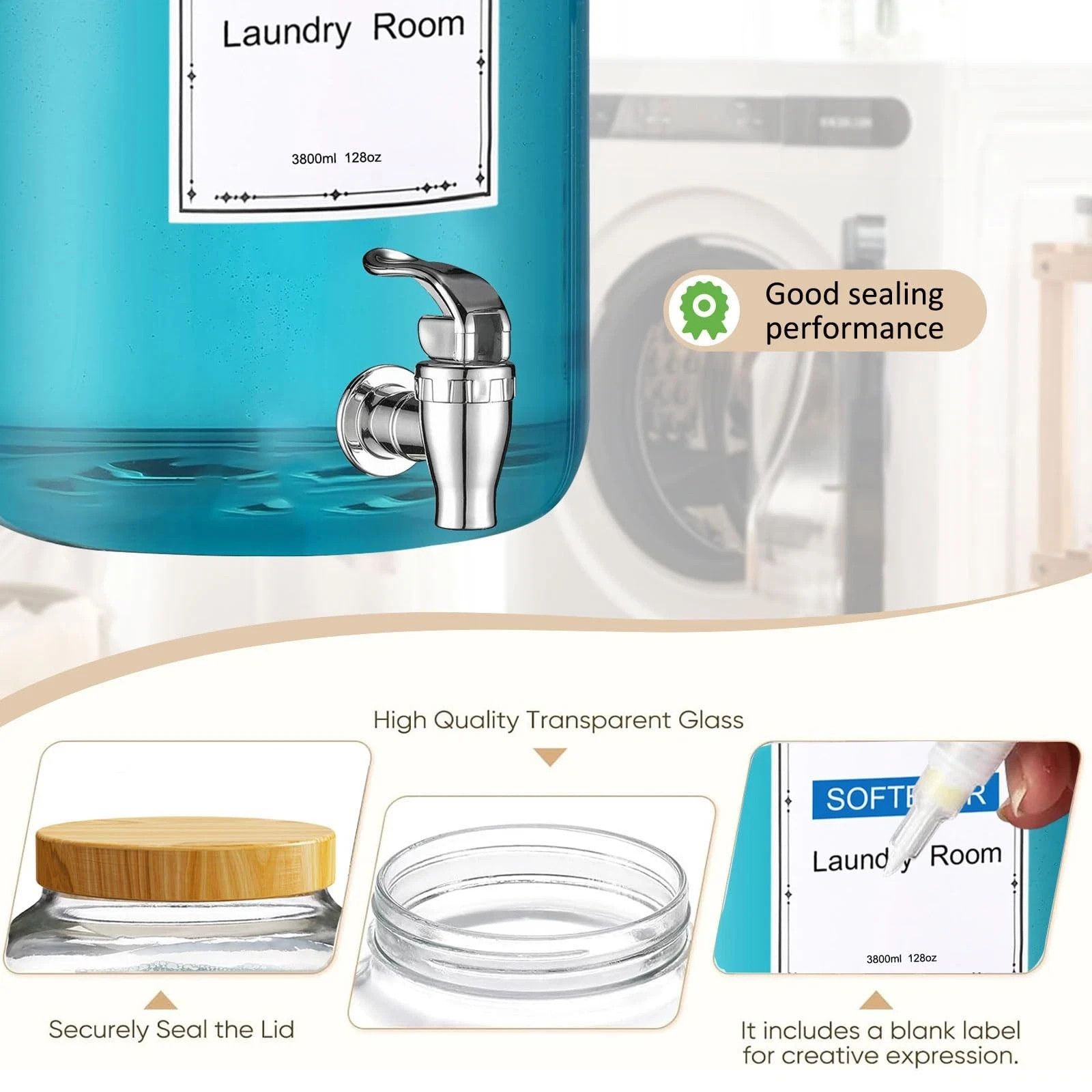 Laundry Detergent Dispenser, wit Bamboo Stand 1 Sets 1 Gallon Glass Liquid La…