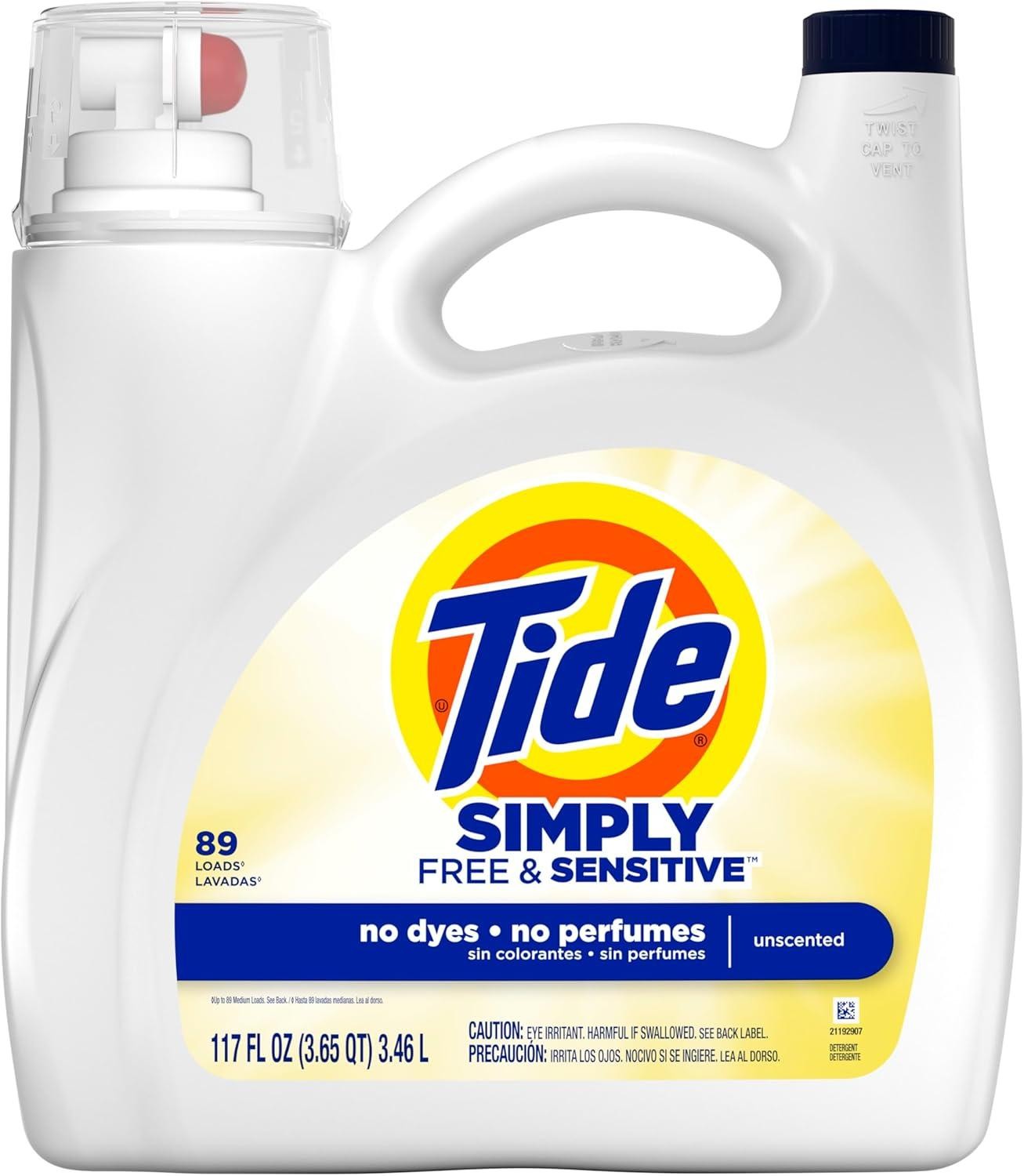 Tide Simply Liquid Laundry Detergent, Free & Sensitive, 89 Loads, 117 Oz, Tide L