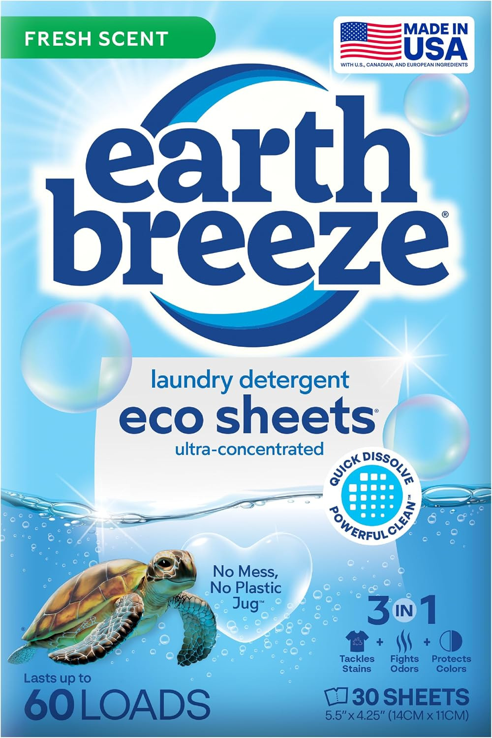 Earth Breeze Laundry Detergent Sheets Fresh Scent – 60 Loads Eco Liquidless Soap