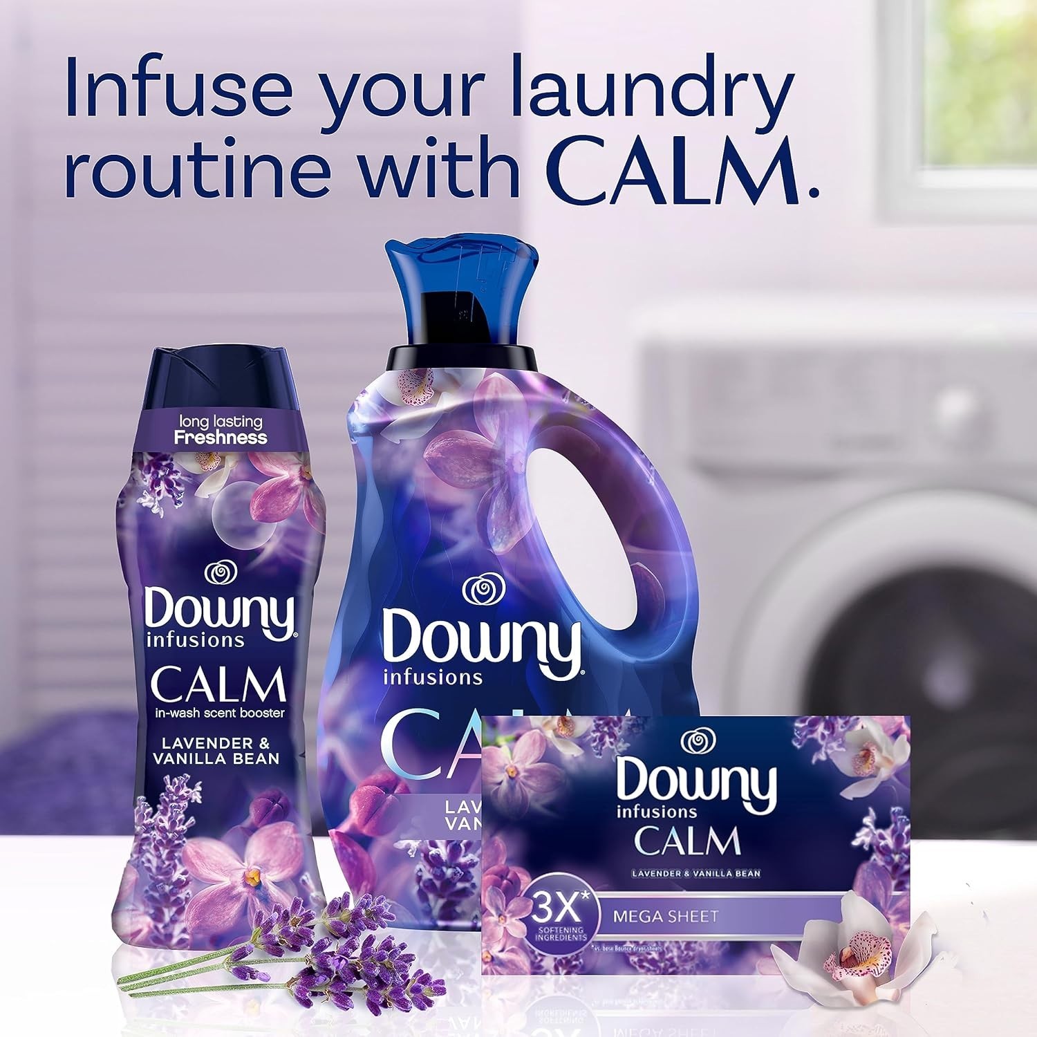 Downy Infusions Mega Dryer Sheets, Laundry Fabric Softener, CALM, Lavender, USA