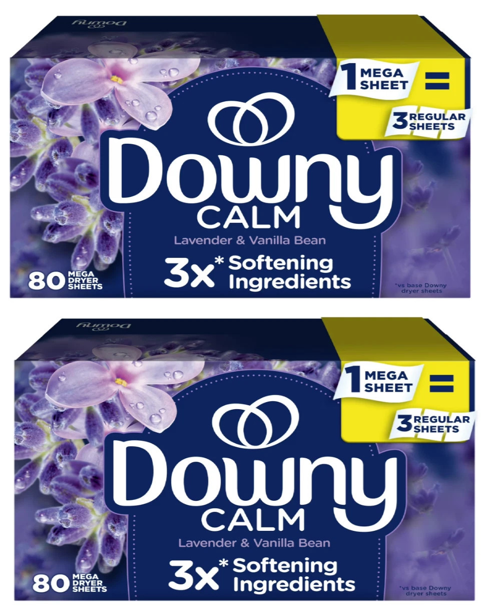 Downy Infusions Calm Mega Dryer Sheets, Lavender and Vanilla Bean Scent, 80×2 Ct