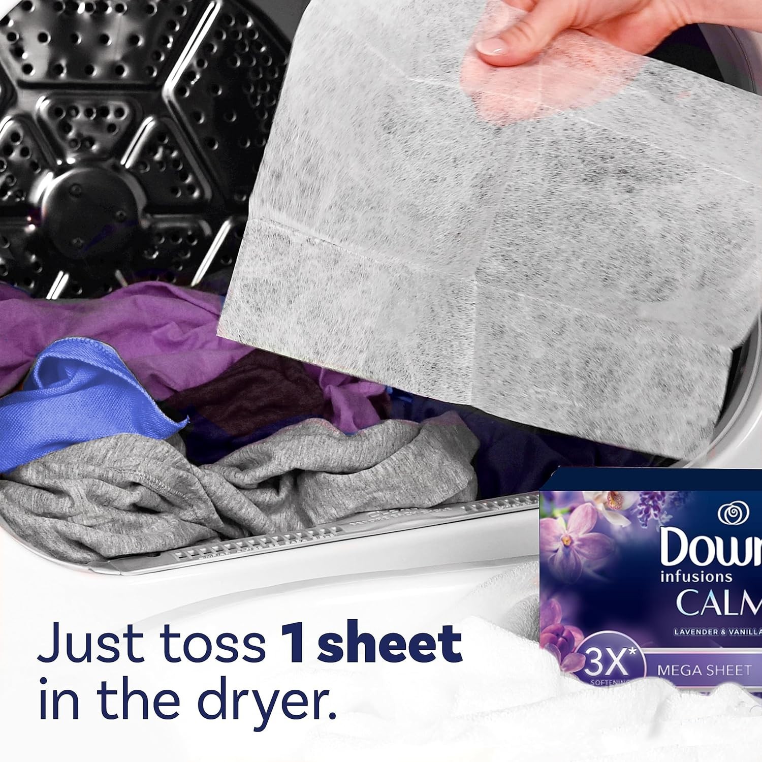 Downy Infusions Mega Dryer Sheets, Laundry Fabric Softener, CALM, Lavender, USA